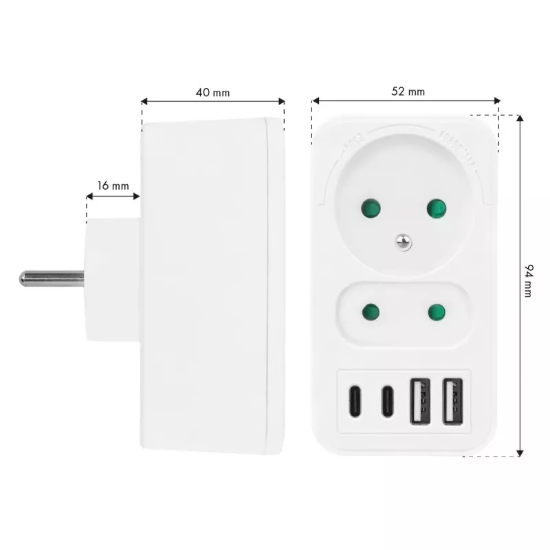 Rozdzielacz zasilania MACLEAN MCE249 F/W — 2x gniazda sieciowe (16A + 6A) i 4x USB (2x A, 2x C PD 20W)