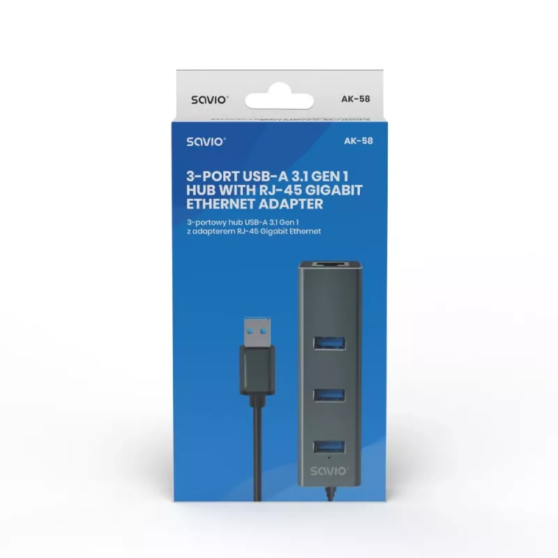 SAVIO USB-A hub z RJ-45 Gigabit Ethernet AK-57 — 3× USB-A + RJ-45, USB 3.2 Gen 1 Micro‑B host, 5 Gbit/s, 4 porty, szary