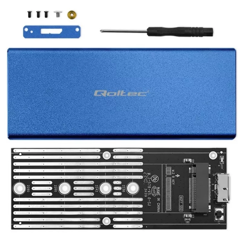 Obudowa SSD QOLTEC 51832 — zewnętrzna M.2 SATA, USB 3.0, do 2 TB, niebieska, obsługuje dyski 30 mm, 4 gniazda