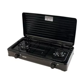 Przenośna kuchenka gazowa Mpm Kn-02/1kb Camping 2 palniki emaliowany ruszt pokrywa ochronna standard G30-37 Mbar czarna