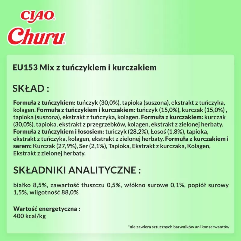 Mokre przysmaki dla kota INABA Churu Varieties — kurczak i tuńczyk, 50 x 14 g tubek pasty, bezzbożowe, bezglutenowe, bez cukru