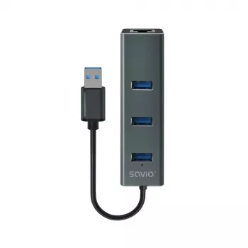 SAVIO USB-A hub z RJ-45 Gigabit Ethernet AK-57 — 3× USB-A + RJ-45, USB 3.2 Gen 1 Micro‑B host, 5 Gbit/s, 4 porty, szary