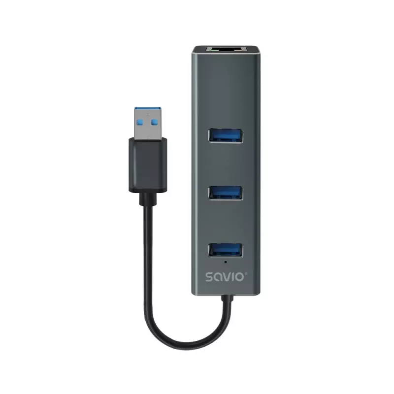 SAVIO USB-A hub z RJ-45 Gigabit Ethernet AK-57 — 3× USB-A + RJ-45, USB 3.2 Gen 1 Micro‑B host, 5 Gbit/s, 4 porty, szary
