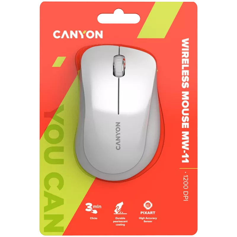 CANYON MW-11, mysz bezprzewodowa 2,4 GHz, 3 przyciski, DPI 1200, bateria: AAA*2 szt., perłowa biel/szary 67*109*38 mm 0,063 kg