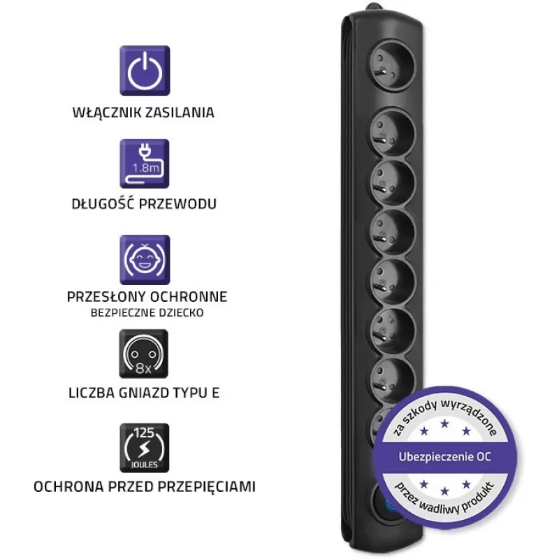 Listwa przeciwprzepięciowa Qoltec 50113 Czarny 8 gniazd AC 230 V 1,8 m