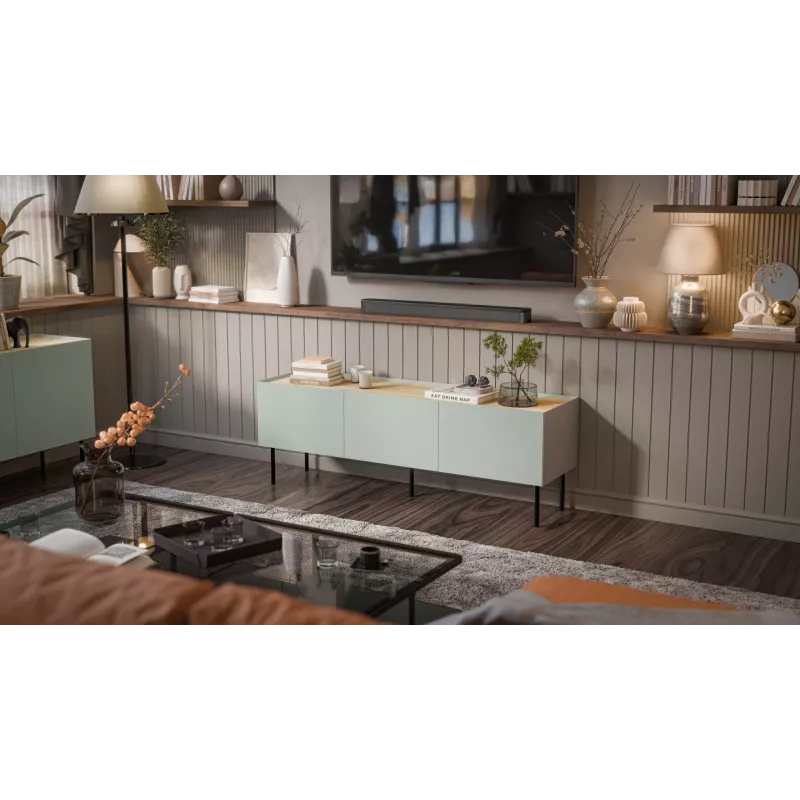Cama FELLINI szafka TV 150x40x52 oliwkowy + blat z olejowanego dębu