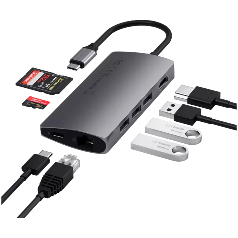 Satechi Aluminium Adapter V2 USB-C (USB-C, 3x USB-A, 4K HDMI, czytnik kart micro/SD, Ethernet) (starlight grey)