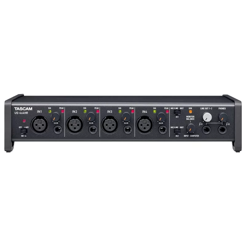Interfejs audio Tascam US-4X4HR – 4x XLR combo, 4 wyjścia analogowe, 56 dB przedwzmacniacz mikrofonowy, 192 kHz, USB 2.0, desktop, czarny