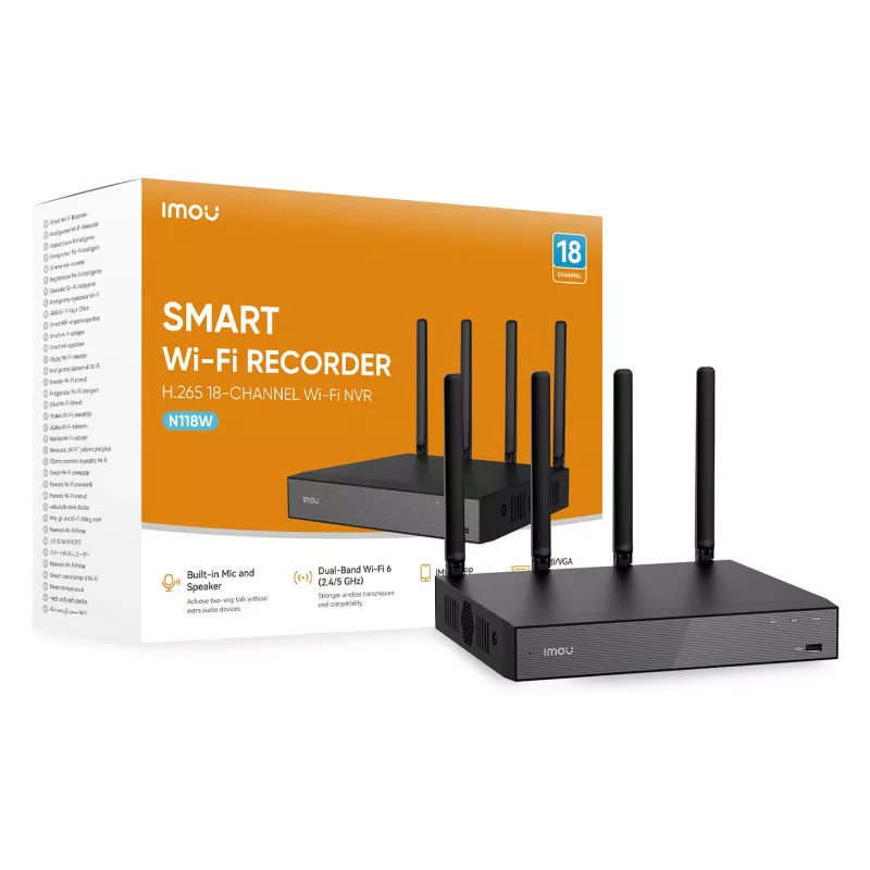 Sieciowy rejestrator wizyjny IMOU N118W Czarny — 18-kanałowy, odtwarzanie 4 kanałów, maks. 3840×2160, dwupasmowe Wi‑Fi, SATA do 16 TB