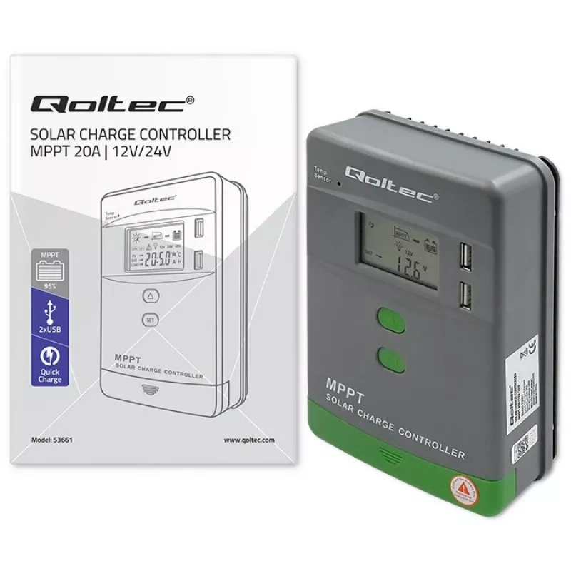 Qoltec, regulator ładowania MPPT z czujnikiem temperatury 20A 12V/24V Wyświetlacz LCD 2 x USB