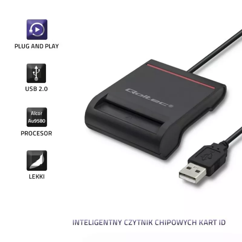 Czytnik kart ID QOLTEC Smart chip — USB, czarny, 84,5×65×16 mm, 63 g