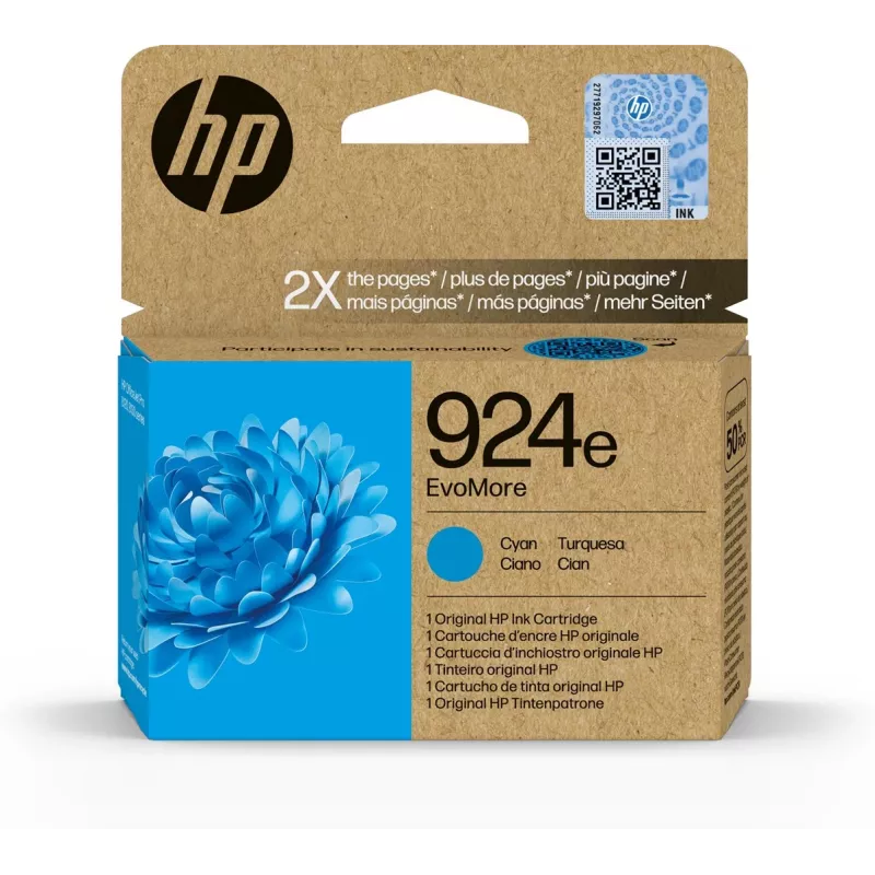 HP 924e EvoMore Cyan Oryginalny wkład atramentowy, wysoka wydajność (XL), cyjan, 1 szt., 800 stron, pojedyncze opakowanie