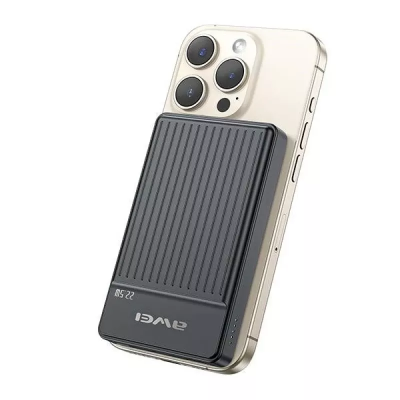 Awei PowerBank MagSafe P33K 10000mAh 22.5W Czarny/Czarny (10000mAh, 22W, 15Wh), Powerbank, Czarny