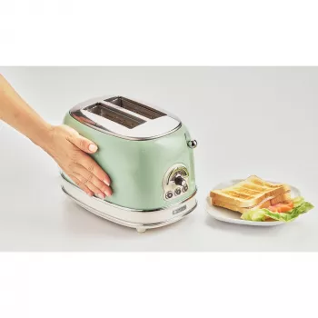Toster Ariete 155 Design 2 kromki z koszykami do kanapek, 6 poziomów opiekania, 810 W, obudowa ze stali nierdzewnej, wysuwana tacka na okruchy, kolor pastelowa zieleń