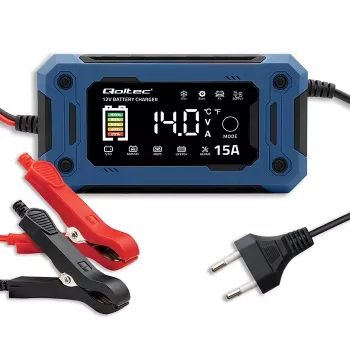 Inteligentna ładowarka 12V 15A QOLTEC z mikroprocesorem i LCD — do akumulatorów AGM, GEL, SLA, EFB, LiFePO4