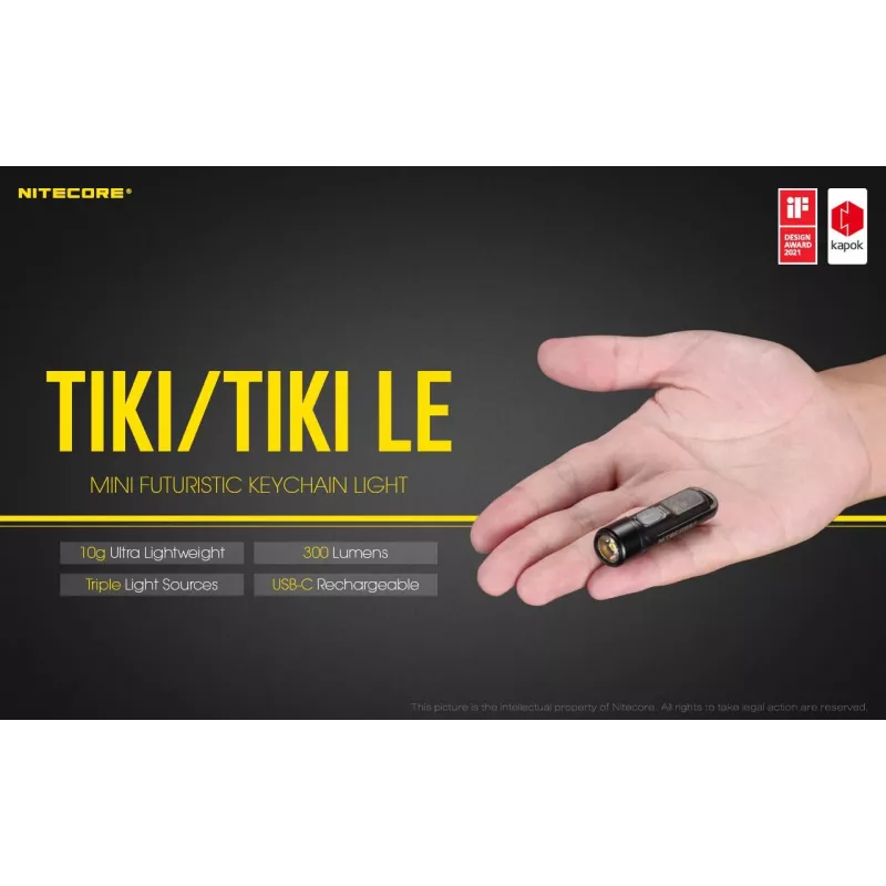 LATARKA RĘCZNA Nitecore TIKI LE — 300 lm, ładowanie przez USB, poliwęglan, IP66, odporna na wstrząsy, 10,5 g, 55 mm, czarna