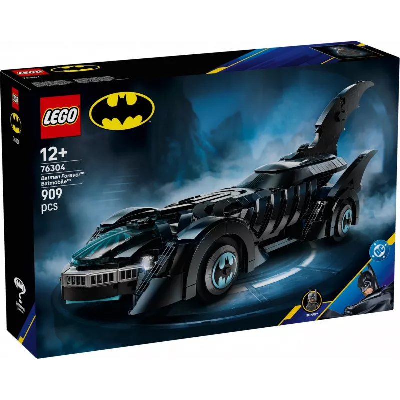 Zestaw konstrukcyjny LEGO DC Super Heroes Batman Forever Batmobile 76304 — 909 elementów, 1 minifigurka, zalecany wiek 12+