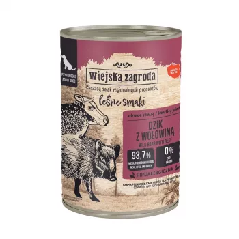 Karma mokra dla psów wiejskazagroda Dzik z Wołowiną 400 g, karma pełnoporcjowa dla dorosłych psów, wilgotność 76%