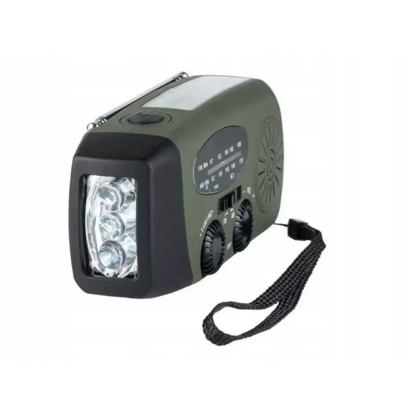 Radioodbiornik alarmowy FOSCO 464600 z latarką LED, powerbankiem, FM, IPX3, zasilanie solarne/ręczne/USB-C — zielono-czarny