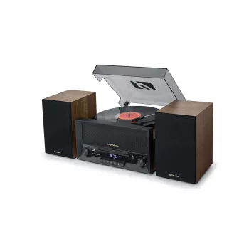 System midi do użytku domowego muse MT-120 MB — 20 W RMS, głośniki 2-drożne, AC 100–240 V 50/60 Hz, czarny/przezroczysty/drewniany
