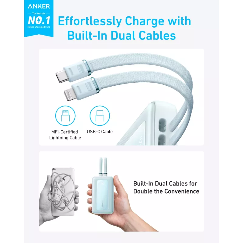 Anker Power Bank z wbudowanym kablem USB-C i Lightning | A1680031 | 10000 mAh | 30W | Niebieski