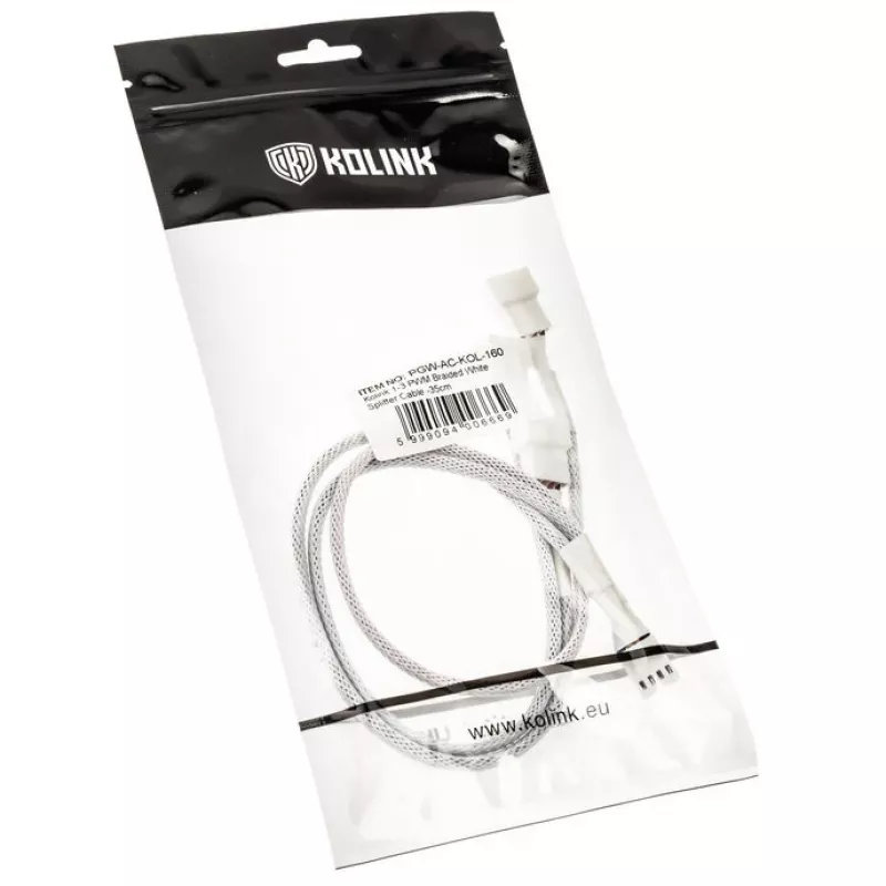 Kabel rozdzielacz PWM wentylatora Kolink PGW-AC-KOL-160, 35 cm w oplocie biały, rozdzielacz 1-do-2 PWM