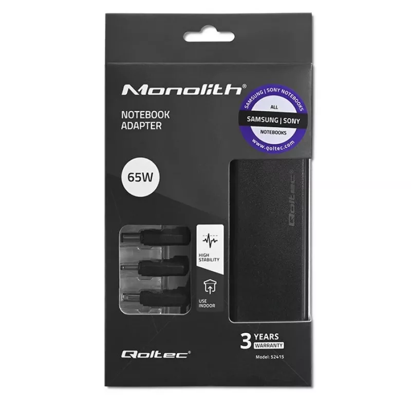 Zasilacz Qoltec 52415 przeznaczony do Samsung Sony 65 W | 3 wtyczki | + kabel zasilający