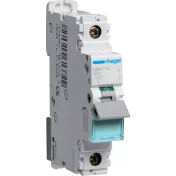 Hager NBN110. Prąd znamionowy: 10 A. Typ: B. Maks. liczba modułów: 1 moduł. Szerokość: 17,5 mm, Głębokość: 70 mm, Wysokość: 83 mm (NBN110)