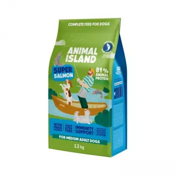 Sucha karma dla psów Animal Island Adult Medium Salmon 12 kg — pełnoporcjowa karma dla ras średnich, 32% białka, 16% tłuszczu, bez zbóż