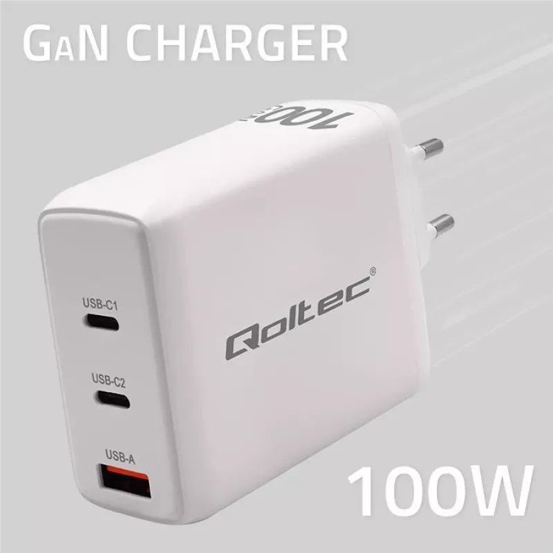 Ładowarka QOLTEC 100W GaN USB-C Dual PD 5–20V 1,5–5A, 2×USB-C
