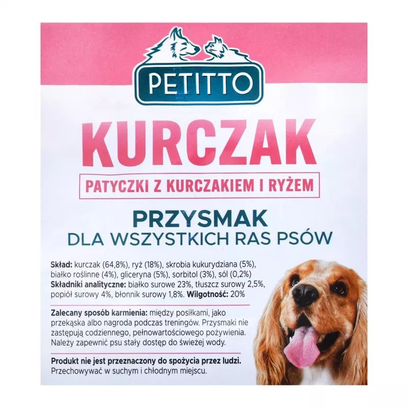 Przysmak dla psa PETITTO Sticks z kurczakiem i ryżem 500 g — dietetyczna przekąska uzupełniająca, białko 23%, tłuszcz 2,5%
