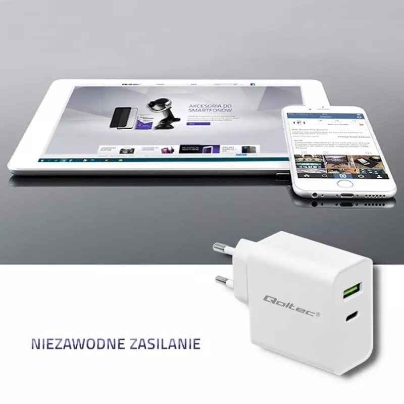 Qoltec 51718 Ładowarka | 45W | 5-20V | 2,4-3A | USB typu C PD | USB | Biała
