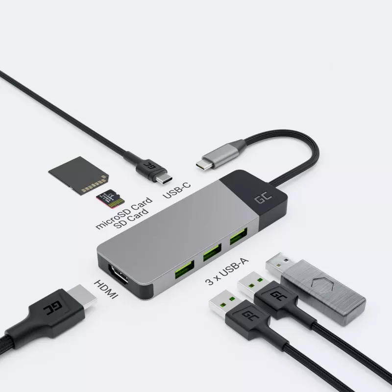 Hub USB Type‑C zielony Cell HUBGC01 — 7 portów: 3×USB‑A 3.2 Gen 1, 1×USB‑C 3.2 Gen 1, HDMI, czytnik microSD+SD — srebrny