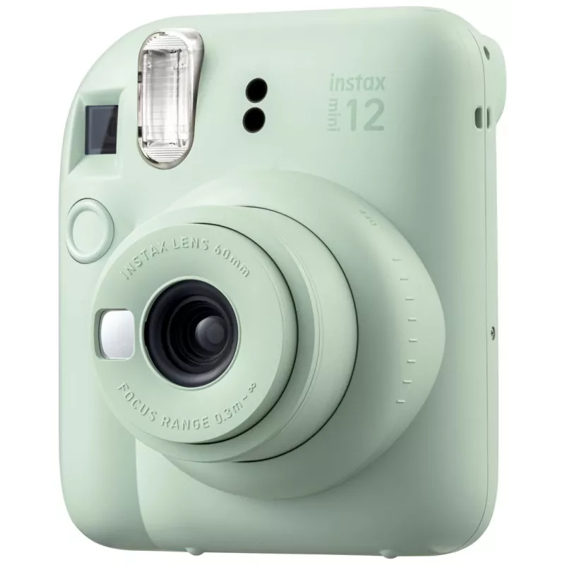 Aparat natychmiastowy Fujifilm Instax Mini 12 Zielony — zdjęcie 86x54 mm, film 62x46 mm, ogniskowa 60 mm