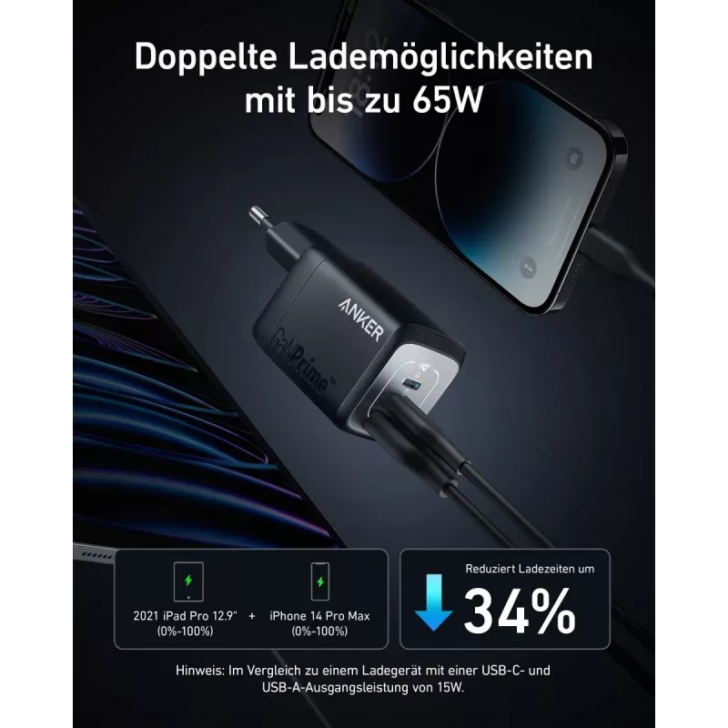 Wewnętrzna szybka ładowarka USB Anker Prime A2669313 — 67 W, 1×USB-A, 2×USB-C, Czarna