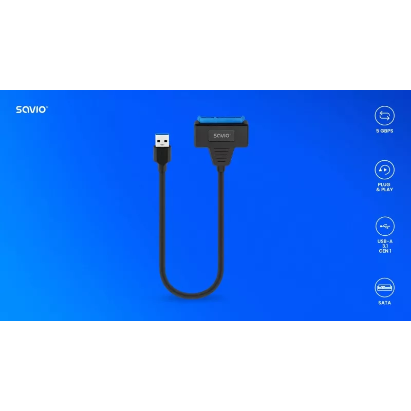 SAVIO kabel interfejsu SATA na USB 3.1 Gen 1 AK-68, gniazdo SATA na wtyk USB-A, 5 Gbit/s, 0,25 m, czarny