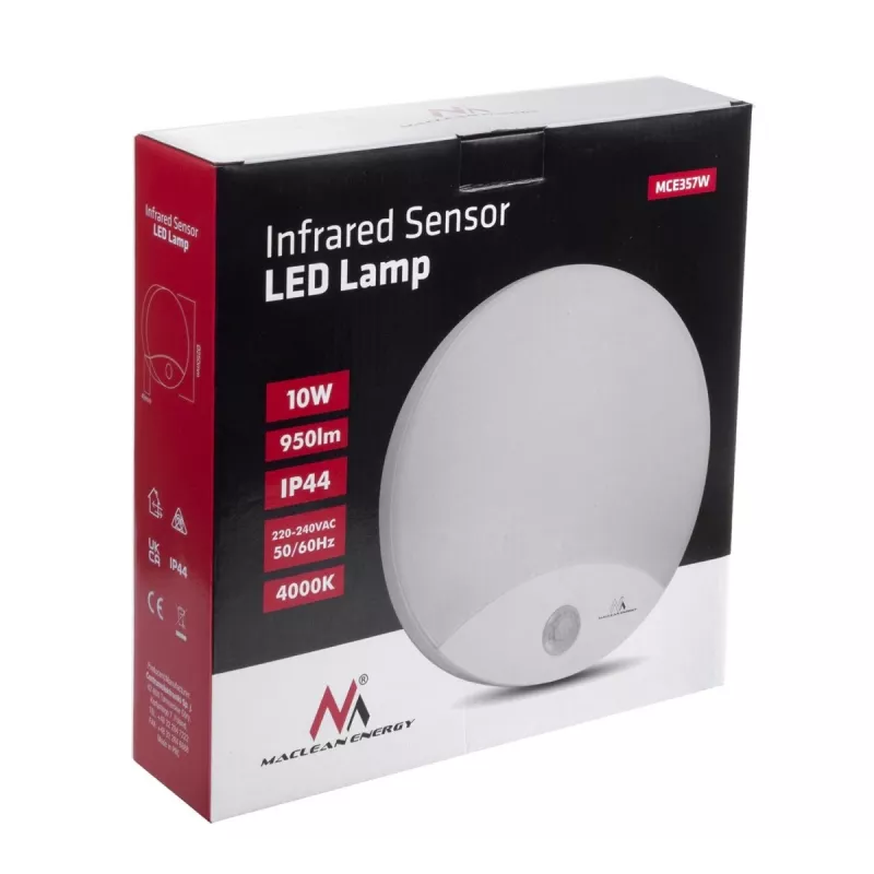 Lampa ścienna LED MACLEAN MCE357W z czujnikiem ruchu IR, biała, zewnętrzna/wewnętrzna