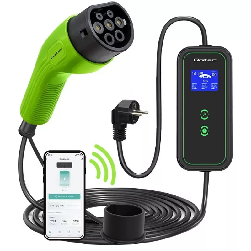Qoltec Mobilny Ładowarka do EV 2w1 Typ2 | 3,5kW | 230V | Wi-Fi | LCD | Przenośna | Wallbox | 5m