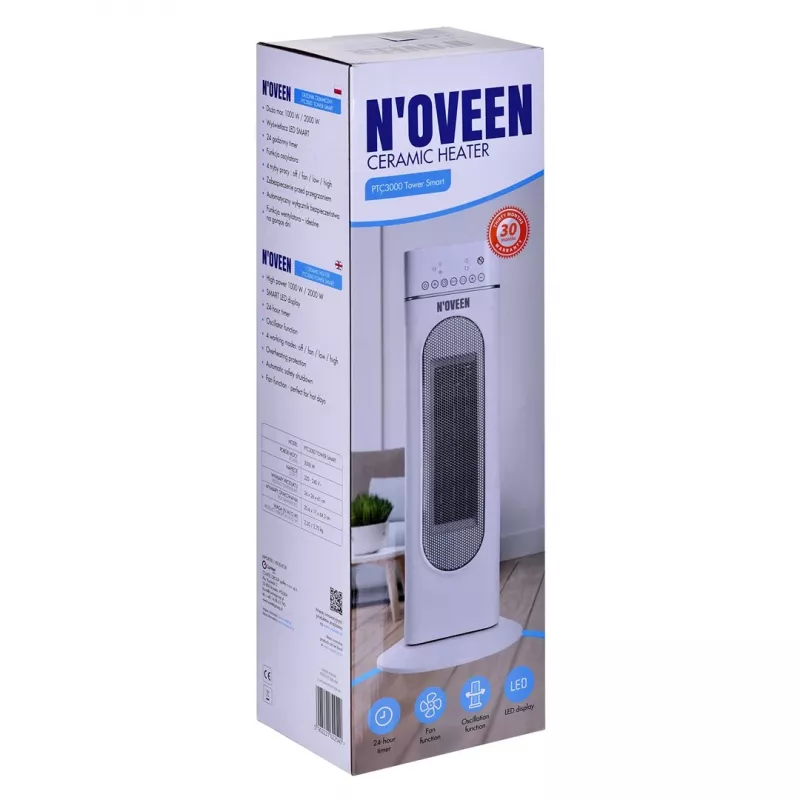 Elektryczny grzejnik ceramiczny NOVEEN PTC3000, 2000 W (min. 1200 W), wyświetlacz LED, timer, pilot, oscylacja, biały