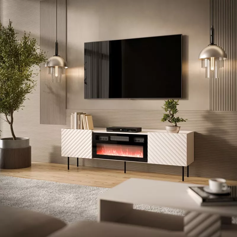 Szafka RTV cama meble LUCCA 180x40x59 cm, blat cashmere, kominek czarny