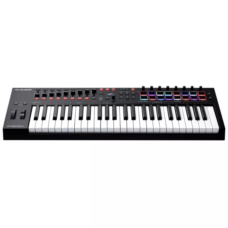 Kontroler klawiaturowy MIDI M-Audio Oxygen Pro 49 — 49 klawiszy, 16 padów, 9 suwaków, wyświetlacz OLED, USB, wyjście MIDI