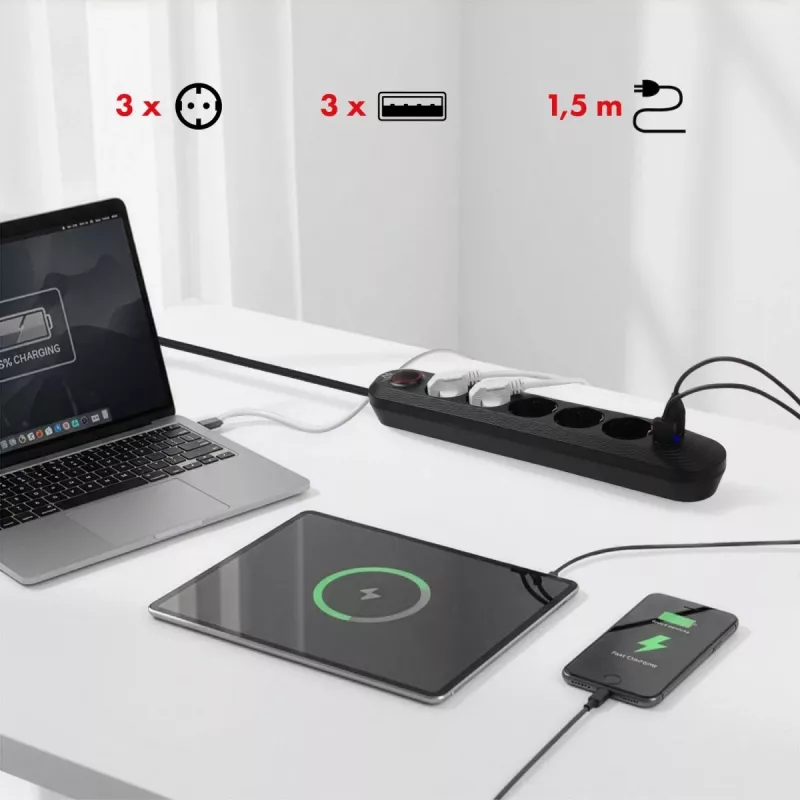 Listwa zasilająca MACLEAN MCE395 B — 5 gniazd, 3×USB, 110–240 V AC, 2,1 A USB, 2500 W, przewód 1,5 m, czarna