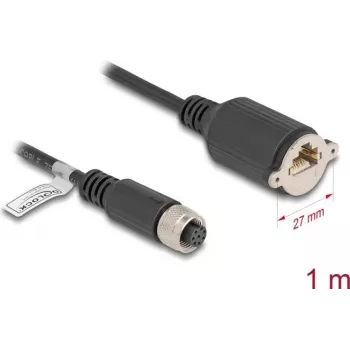 Kabel sieciowy DeLOCK M12 Kabel z wtykiem M12 A-kodowanym 8-pinowym żeńskim na gniazdo RJ45 panelowe Kat.5e FTP 1 m czarny