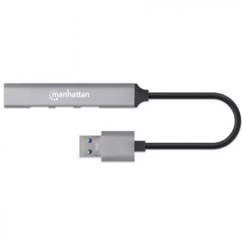 Manhattan USB-A 4-Portowy Hub, 4x porty USB-A (1x USB 3.2 Gen1 5 Gbps aka USB 3.0, 3x USB 2.0 480 Mbps), zasilany z portu USB (nie wymaga zewnętrznego zasilacza), Aluminium