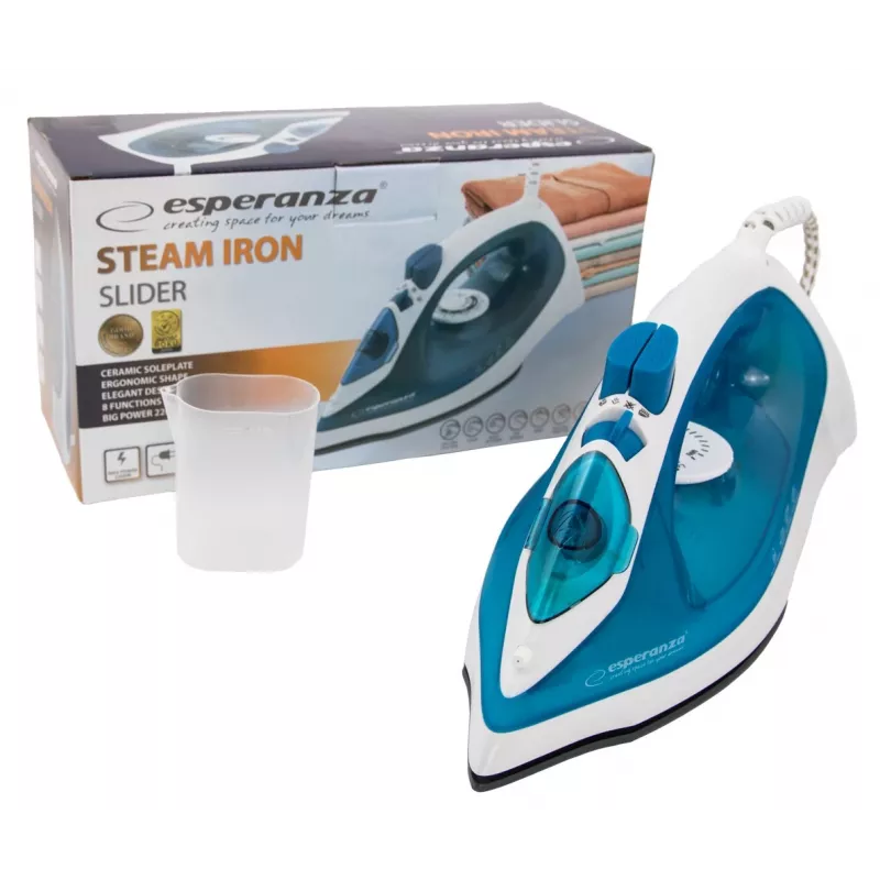 Żelazko parowe ESPERANZA EHI002 — 2200 W, stopa ceramiczna, para pionowa, 0,815 kg, biało-niebieskie