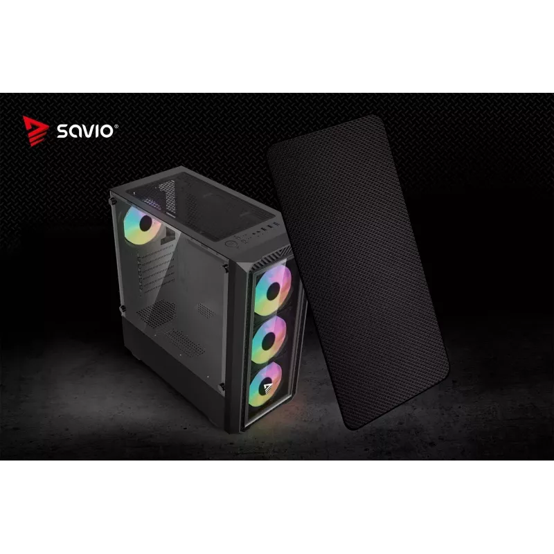 Obudowa PC Cube SAVIO Noctis Glass RGB — Czarny, ATX/Micro-ATX, 210×410×450 mm, 3×120 mm wentylatory z przodu