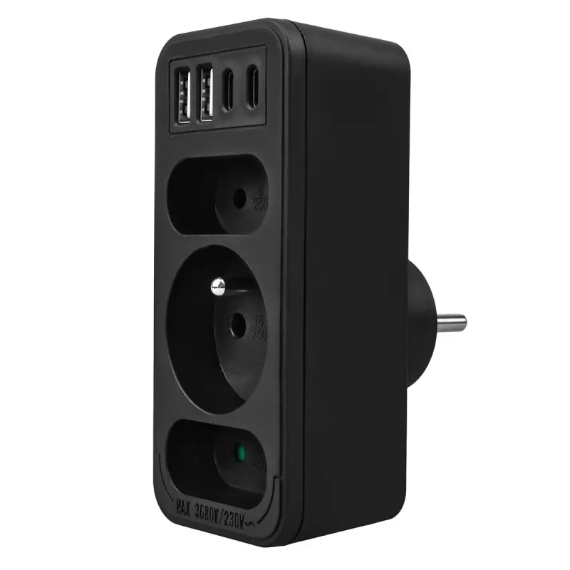 Rozgałęźnik zasilania MACLEAN MCE248 F/B — 3 gniazda AC (1x16A, 2x6A) i 4 porty USB (2xUSB‑A, 2xUSB‑C PD 20W), wtyczka EU, czarny