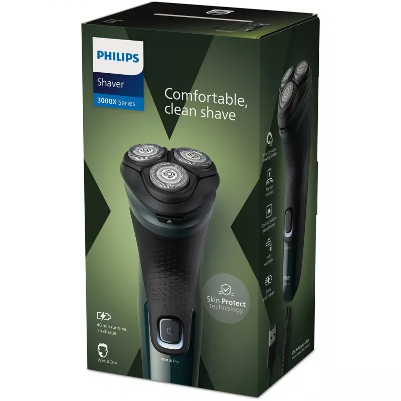 Elektryczna golarka rotacyjna Philips 3000X Series X3002/00 – 3 głowice, mokra i sucha, bezprzewodowa, akumulator NiMH, 40 min pracy