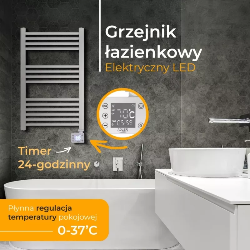Elektryczny grzejnik łazienkowy Adler AD 7824 600 W, biały, IP24, do montażu na ścianie, 500×900 mm