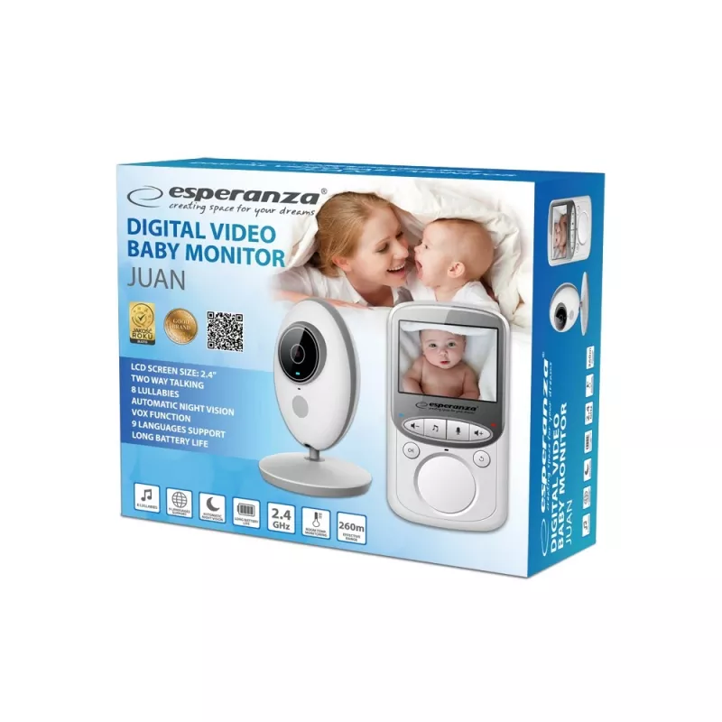 Wideoniemowlęcy Monitor ESPERANZA EHM003 — 2,4-calowy LCD, 640×480, noktowizor 5 m, czujnik temperatury, komunikacja dwukierunkowa, LiPo 750 mAh, zasięg do 50 m